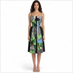 Clover Canyon Tropical Leaf Floral Print Button Front Fit Flare Sundress Dress M